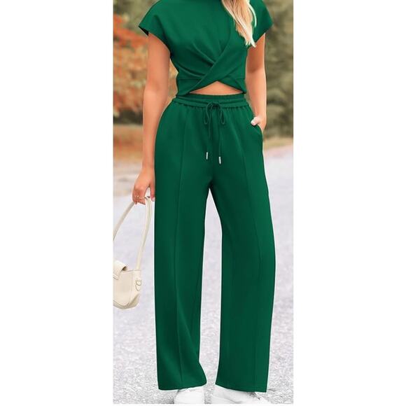 Women's 2Piece Outfits Tracksuit Twist Front Crop Tops Wide Leg SIZE LARGE - Picture 4 of 6